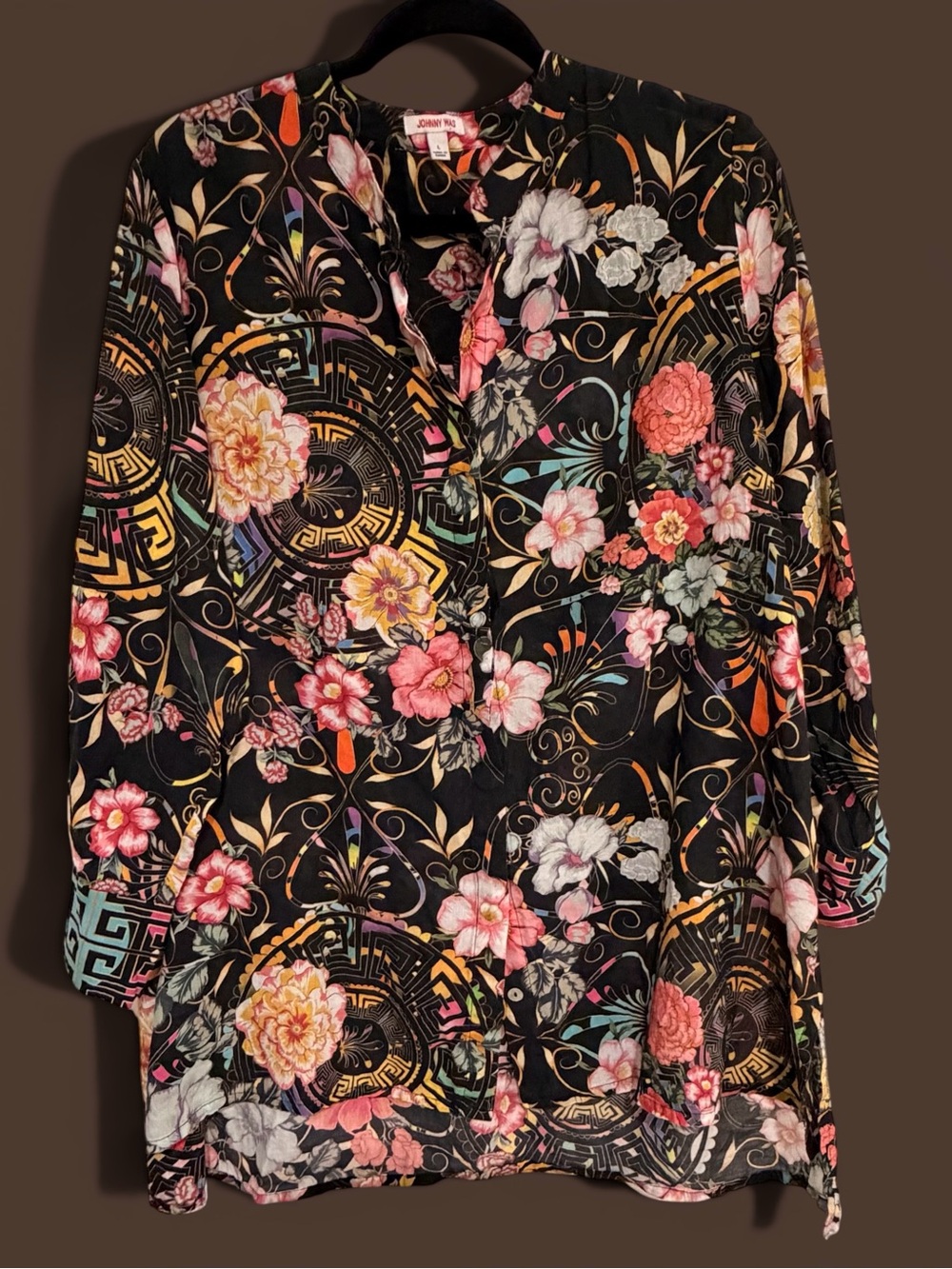 Johnny Was Black Floral & Geometric Button-Up Flowy Bohemian style Blouse